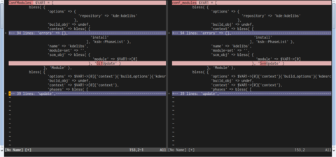 Screenshot of a vim window displaying only differences between two different buffers